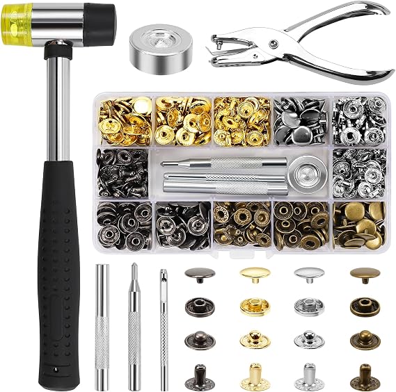 PRECIHW 120 Sets Snap Buttons Kit for Leather, 12mm Metal Snap Fasteners Press Stud Cap with 1 Hammer, 1 Hole Puncher, Leather Fasteners, Rivets and Snaps for Fabric, Clothing, Leather(4 Colors)