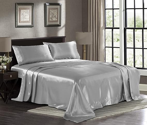 Satin Sheets California King [4-Piece, Silver] Luxury Silky Bed Sheets - Extra Soft 1800 Microfiber Sheet Set, Wrinkle, Fade, Stain Resistant - Deep Pocket Fitted Sheet, Flat Sheet, Pillow Cases