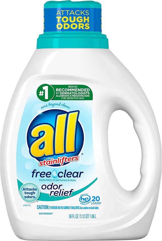 All Liquid Laundry Detergent, Free Clear with Odor Relief, 20 Loads, 36 fl oz