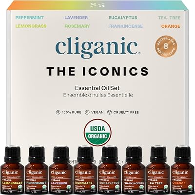 Cliganic Organic Aromatherapy Essential Oils Gift Set Top 8, 100% Pure - Peppermint, Lavender, Eucalyptus, Tea Tree, Lemongrass, Rosemary, Frankincense & Orange