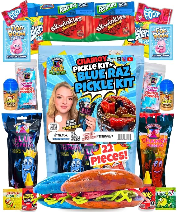 Ashley Dashley's-Chamoy Pickle Kit + Blue Raspberry Pickle Gift Pouch-w/Cotton Candy Crunch Powder, Fruit Roll Ups-Tiktok Trend Items by FoodCrush