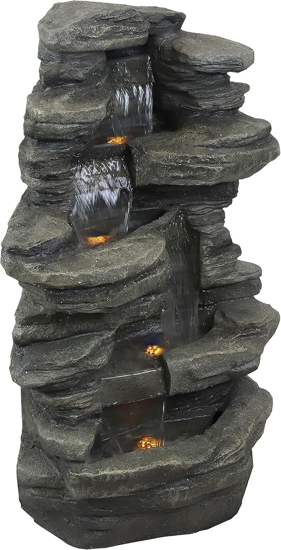 Sunnydaze Stacked Shale Rock 38-Inch Waterfall Fountain with LED Lights | Electric Submersible Pump - Polyresin and Fiberglass Construction - 7-Gallon Water Capacity - For Patio, Yard, or Deck