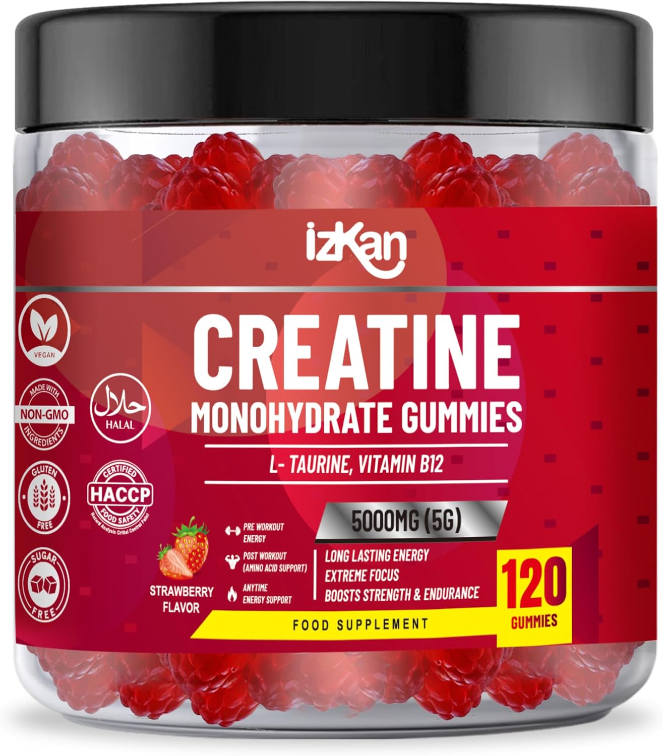 Creatine Gummies 5000mg 5G for Men & Women - 120 Chewable Creatine Monohydrate Gummies Strawberry Flavoured | Pre Workout Gym Supplement| Muscle Boost| 4 Per Day - Vegan & Halal 1X