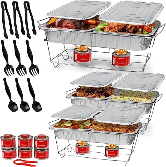 Large Full Size 33-Pcs Disposable Chaffing Buffet with-Covers, Utensils, Fuel Cans Premium Chafing Dish Set for Events, Parties, Catering