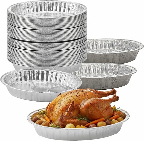 50 PACK - Disposable Durable Oval Roaster Pan - Turkey Roasting Pans Extra Large, Heavy-Duty Aluminum Foil | Deep, Oval Shape for Chicken, Meat, Brisket, Roasting, Baking | Recyclable | USA MADE
