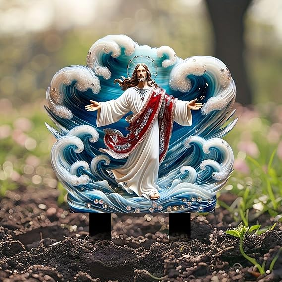 Jesus Garden Stake, Acrylic Religious Outdoor Decor with Roses, Christian Yard Sign for Patio Lawn Flower Planter, Sacred Catholic Gift for Baptism Easter (D)