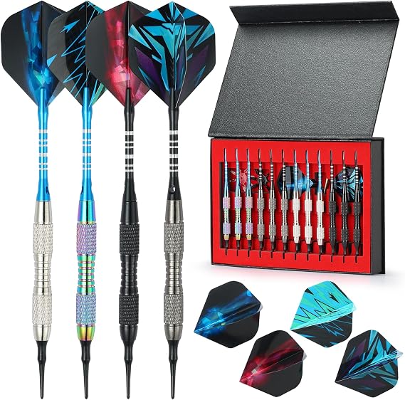 Soft Tip Darts Set with Gift Box Dart Case Professional Pop Darts Plastic Tip with 100 Dart Tips 12 Shafts 24 Flights Tool Kit Flight Protectors for Electronic Dart Board