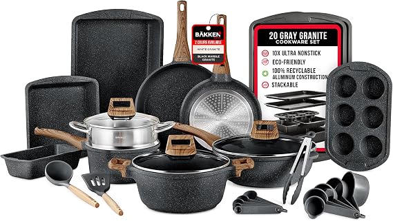 Bakken-Swiss 20-Piece Kitchen Cookware Set - Granite Non-Stick - Eco-Friendly - For All Stoves & Oven-Safe - Marble Coating