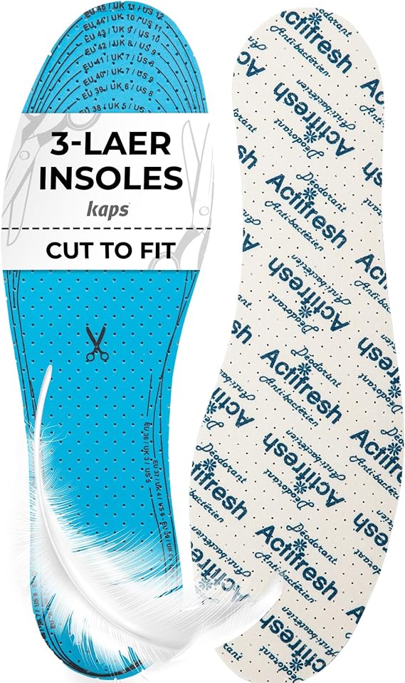 Odor Control Shoe Insoles for Men & Women - Kaps Actifresh Hygienic Thin Shoe Inserts with Swiss Sanitized Technology, Unisize Cut to Fit, Made in Europe