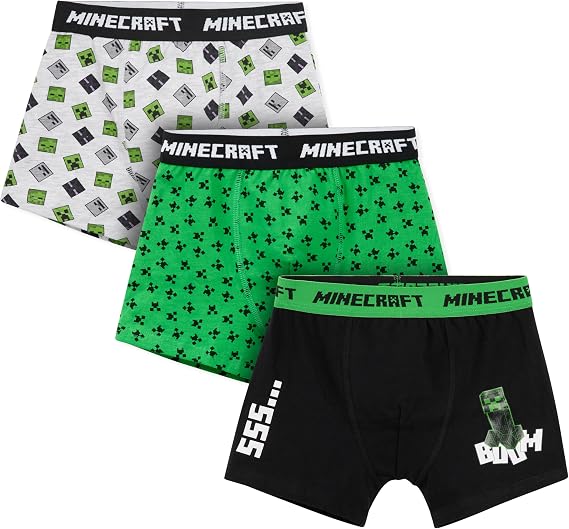 Get Trend Minecraft Boys Boxer Briefs 7-14 Yrs, 3 Pack Soft & Stretchy Underwear Shorts, Breathable Elasticated Gaming Boys Underpants