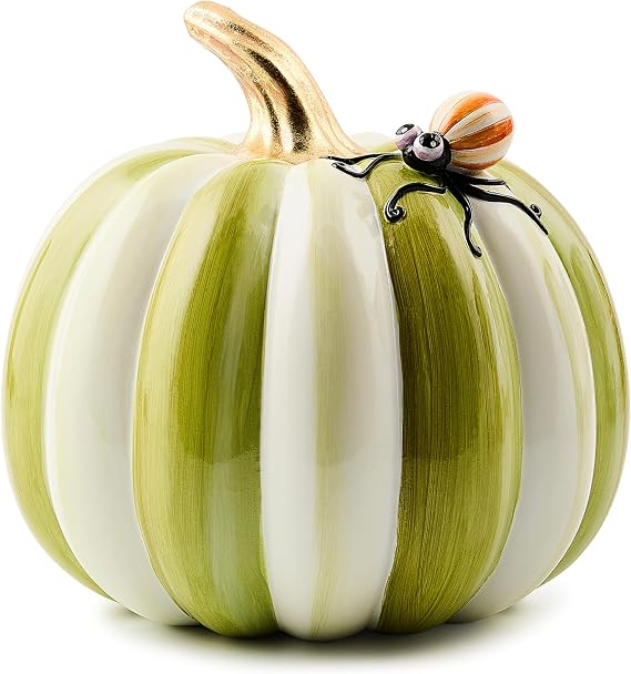 MACKENZIE-CHILDS Resin Pumpkin, Small, Fergals Friend Spider, Moss Stripe | Hand-painted design, small decorative fall, Halloween, and Thanksgiving figurine, 7" W x 8" H