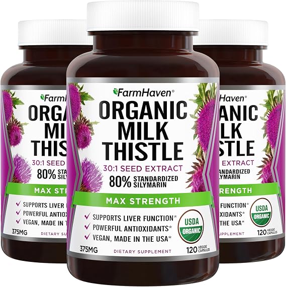 FarmHaven USDA Organic Milk Thistle Capsules | 30X Concentrated Seed Extract & 80% Silymarin Standardized - Supports Liver Function and Overall Health | Non-GMO | 360 Vegan Capsules