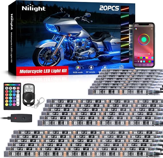 Nilight 20PCS Motorcycle RGB LED Light Kits with APP & Remote Control | Multi Color Atmosphere Neon Accent Lights Lamp Waterproof Underbody Strips for Harley Davidson Honda Kawasaki Yamaha Suzuki