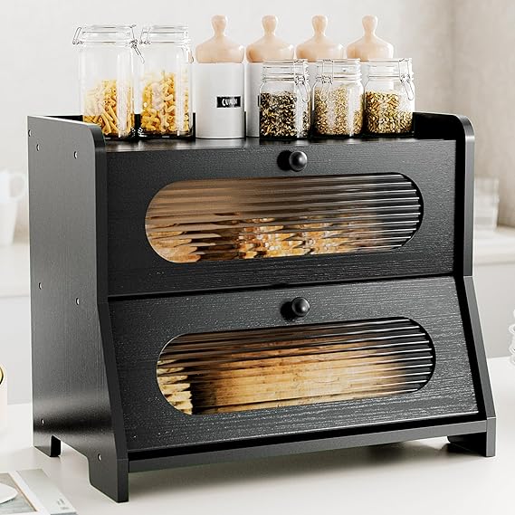 Large Bread Bin for Kitchen,Two Tier Bamboo Bread Box,Bread Storage Containers,Storage Box for Kitchen Countertop with Stiped Window,Black