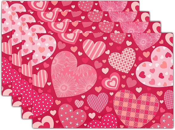 Kawani Pink Love Heart Valentine Placemats Set of 4 Valentine's Day Place Mats 12x18 Inch Holiday Table Mats for Home Kitchen Party Decor
