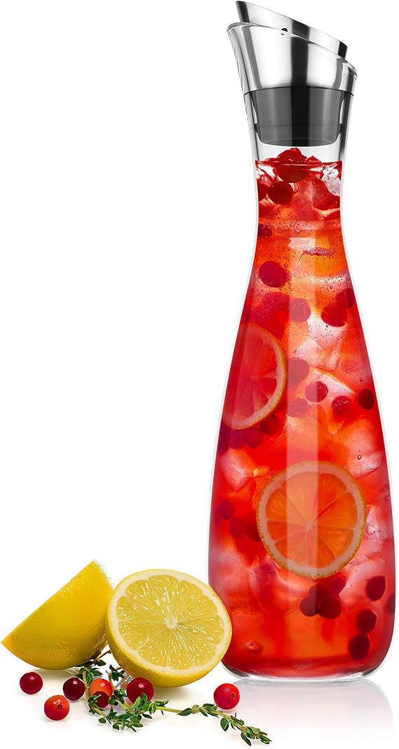 AVACRAFT Glass Carafe, Strong 3mm Thick, Hot and Cold Water Glass Pitcher with Lid and Spout, Water Pitcher, Ice Tea Pitcher With Lid, Stylish Hand Crafted, Juice Jar, 40 Oz