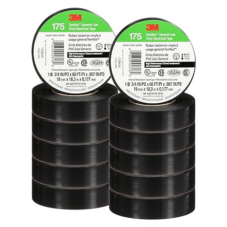 3M Temflex Vinyl Electrical Tape 175, 3/4 in x 60 ft, Black, 10 Rolls | Flame Retardant, Pressure-Sensitive Adhesive, Electrical and Mechanical Protection