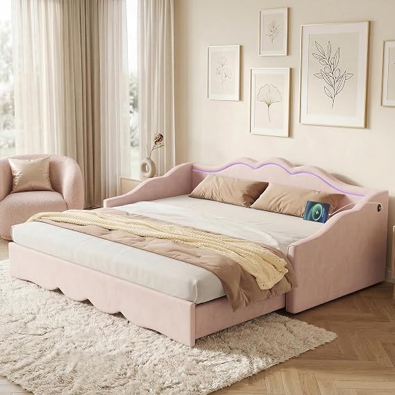 ModernLuxe 3FT Single Bed Frame, Upholstered Day Bed with Trundle, Extends to 180 cm, Velvet Sofa Bed with LED Lighting & USB Port, Pink