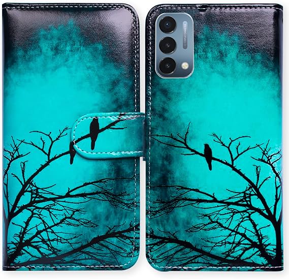 Bcov Case for OnePlus Nord N200 5G, Black Bird Green Leather Flip Phone Case Wallet Cover with Card Slot Holder Kickstand for OnePlus Nord N200 5G