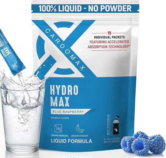 CardoMax Hydration Packets, Blue Raspberry, 15 Liquid Hydration Sticks | Electrolyte Packets with Sodium, Magnesium & Potassium, Vegan & Keto-Friendly