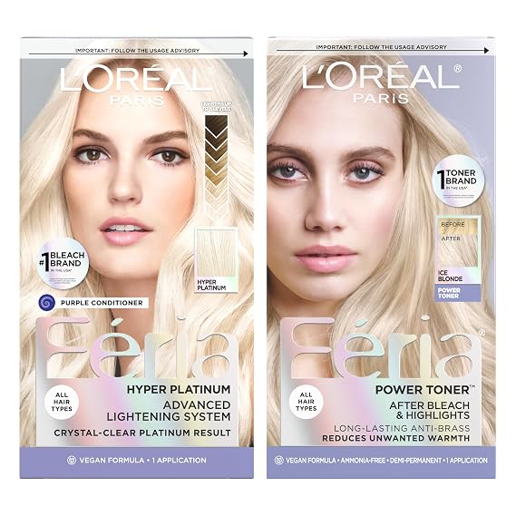 L'Oreal Paris Feria Hyper Platinum Bleach & Anti-Brass Ice Blonde Toner Kit, Advanced Bleach System with Ammonia-Free Demi-Permanent Hair Color