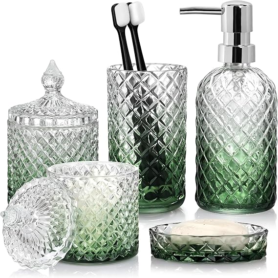 Bathroom Accessories Set, 5Pcs Bathroom Soap Dispenser Set, Glass Bathroom Accessories with Glass Soap Dispenser, Soap Dish, Toothbrush Holder, Tumbler, Cotton Swab Jar Gradient Clear & Green