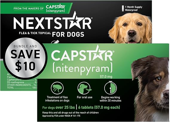 CAPSTAR Flea Treatment for Dogs Over 25 lbs (6 Doses) + NEXTSTAR Flea and Tick Prevention for Large Dogs 45-88 lbs (1 Dose) Bundle