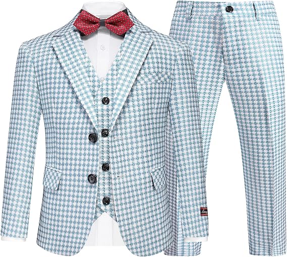 Lamgool Boys Plaid Suits 3 Piece Tuxedo Set Slim Fit Kids Outfits Size 4-16 | Houndstooth Blazer Vest Pant Set, Vintage Checkered Style Suit, Flap Pockets, Easter Suits for Boys
