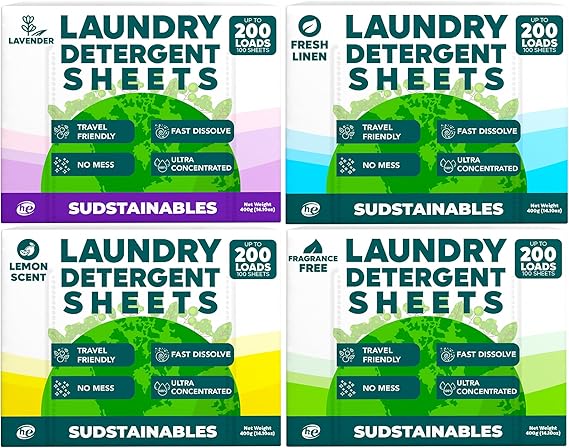 100 Sheets Laundry Detergent Bundle Fresh Linen, Lavender, Unscented, and Lemon