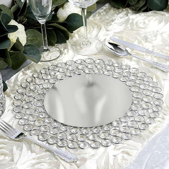 Efavormart 14" Silver Wired Metal Charger Plate with 118 Acrylic Crystal Beads - Sparkling Metallic Underplate for Modern Winter Weddings, Holiday Parties, and Fine Dining