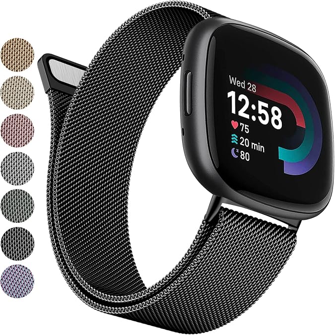Metal Bands Compatible with Fitbit Versa 3/Versa 4/Fitbit Sense/Sense 2 for Women Men, Stainless Steel Mesh Breathable Wristband Strap with Adjustable Magnet Lock