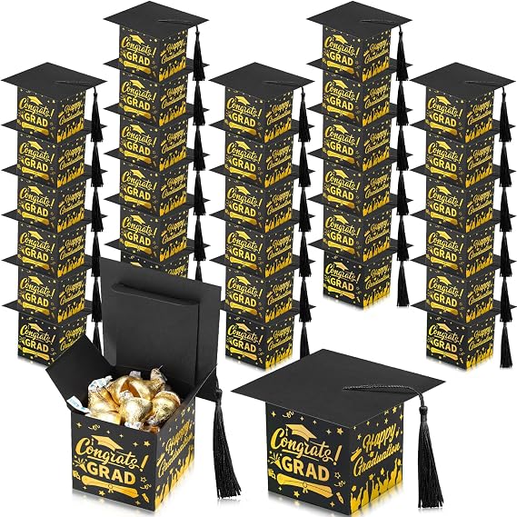 Chuangdi 30 Pieces Congrats Grad Party Candy Boxes, DIY Cap Box With Tassels for Graduation Gift, Party Favors Decor Supplies, Centerpieces for Tables (Black Gold)
