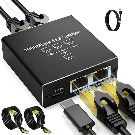 Gigabit Ethernet Splitter 1 to 3, RJ45 Splitter with Two 6.6ft Cat6 Cables