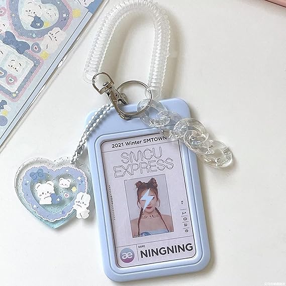 Blue Acrylic Kpop Photocard Holder with Pendant, Kawaii Keychain Photo Protector Collect Student Card Case Transparent 3 Inch Idol Card Holder (D)