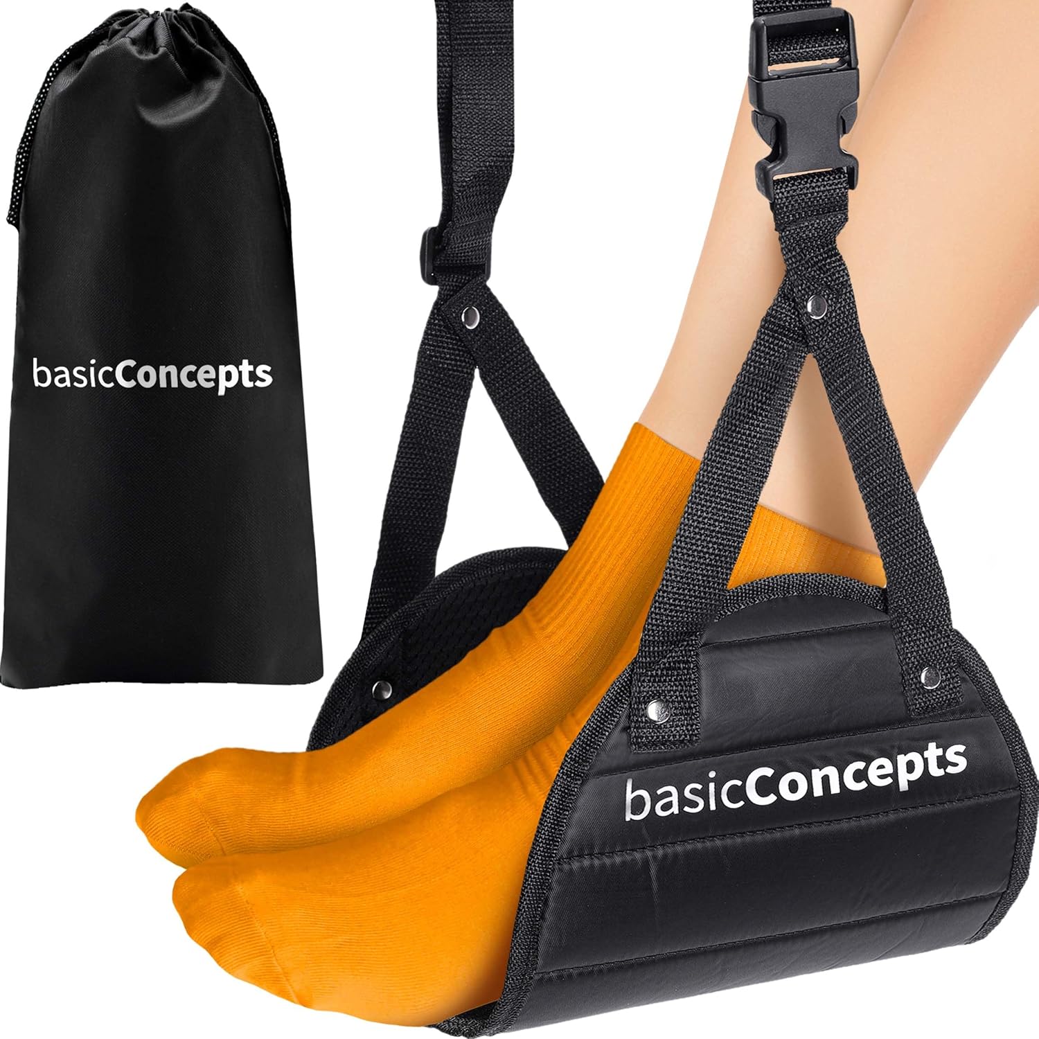BASIC CONCEPTS Airplane Foot Rest Travel Comfortably, Perfect Foot Hammock for Airplane or Plane Travel - Black, Fabric, Aluminum Alloy Frame, Footrest, Adjustable