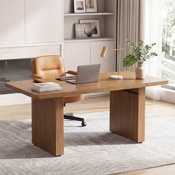 Bestier 63 Inch Wood Executive Desk, Fluted Office Desk Writing Table Brown