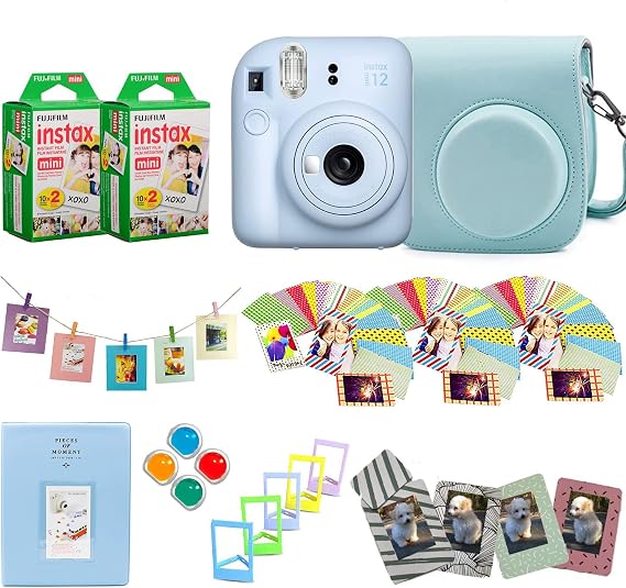 Fujifilm Instax Mini 12 Instant Camera + Pro Design Accessory Bundle with Protective Case, Magnetic Frames, Album, Frames Design Kit (40 Sheets) (Pastel Blue)