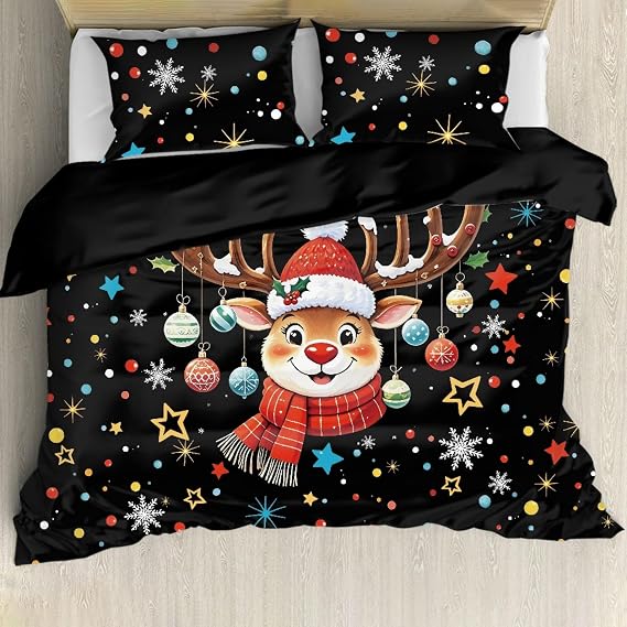 Christmas Duvet Cover Set 3 Pack Cute Elk Bedding Sets King Size Black Soft Teen Comforter Covers Pillowcases Xmas Decoration