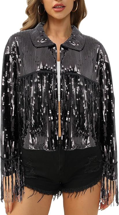 Women Sparkly Sequin Fringe Jacket Shiny Disco Cowgirl Jacket Glitter Coat Y2K 90s Streetwear