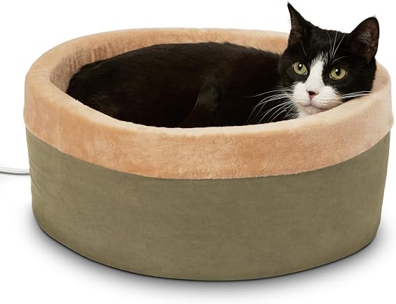 K&H Pet Products Thermo-Kitty Bed Heated Cat Bed for Indoor Cats, Electric Warming Bed for Cats and Small Dogs, Washable Thermal Plush Calming Round Pet Bed - Small 16" Sage/Tan