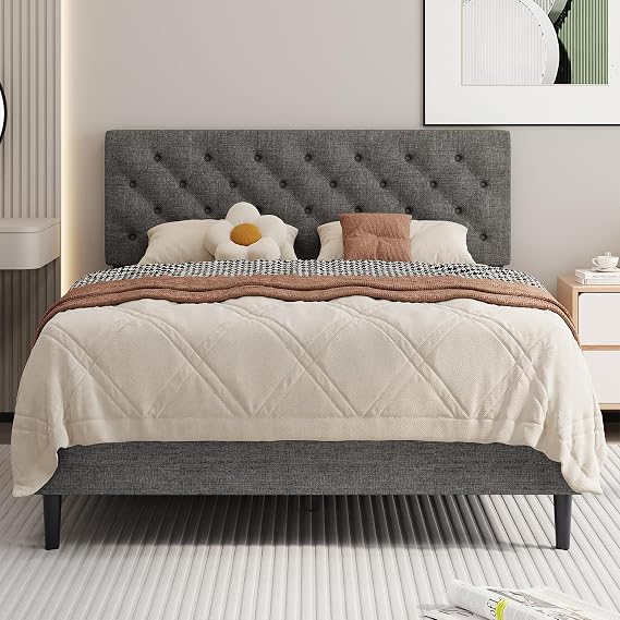 Queen Size Platform Bed Frame with Button Tufted Headboard,Light Grey | Upholstered Platform Bed,Fabric Bed Frame with Wooden Slats Support, No Box Spring Required, Easy Assembly