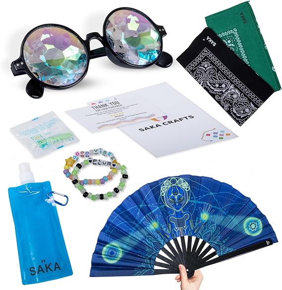 Festival Rave Accessories Essentials Kit-Large Handheld Fan, Kaleidoscope Rave Glasses, Hydration Bottle, Bandana, Ear Plugs, Kandi Bracelet Beads x2-Trendy Outfits for Women Men, Music Costume Party