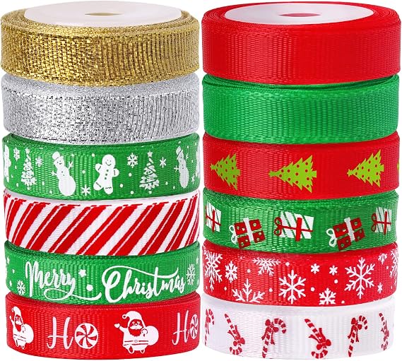 Tsorode 12 Rolls 60 Yards Christmas Ribbon for Gift Wrapping, 3/8 Inch Christmas Ribbon for Crafts, Glitter Grosgrain Ribbons DIY Xmas Decorations