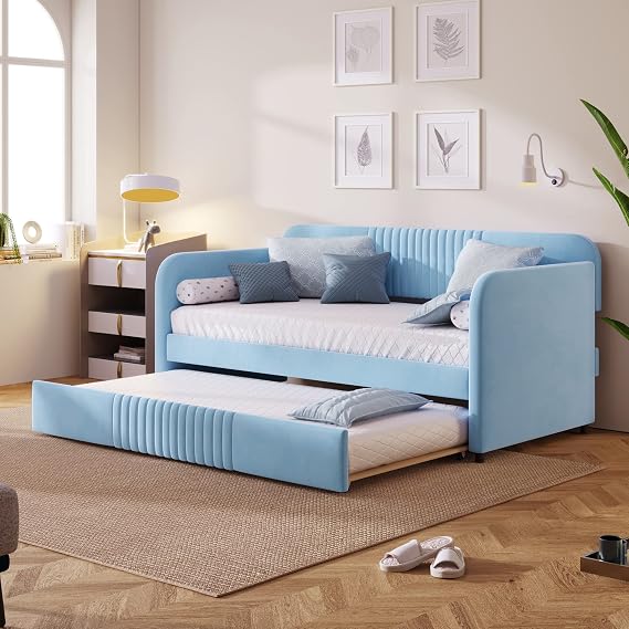Merax Twin Size Upholstered Daybed with Trundle Bed and Wood Slat, Light Blue Velvet Sleeper Sofa Bed, No Box Spring Needed