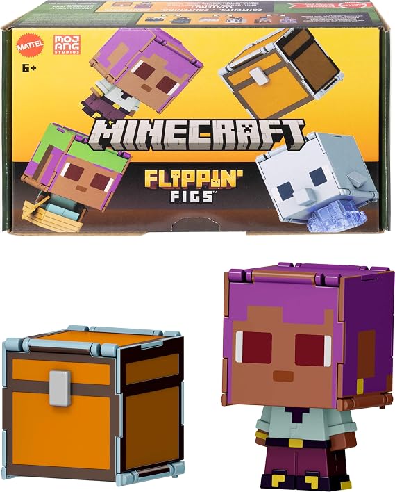 Mattel Minecraft Transforming Figures Pack of 2, 2 in 1, 9 cm for dynamic gameplay, 2 action figures with big heads, Efe/Sailboat and Dolphin/Treasure Chest, JCY31