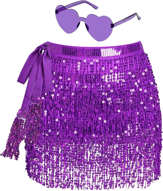 Sequin Belly Dance Hip Scarf Tassel Wrap Sparkly Fringe Skirt with 1 Pair Heart Sunglasses Party Rave Costume for Women