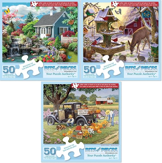 Bits and Pieces Value Set of Three 50 Piece Jigsaw Puzzles for Adults Dream Landscape, Home Grown, Sunrise Feasting Jigsaw Puzzles, Completed Puzzle Size: 15" x 19"