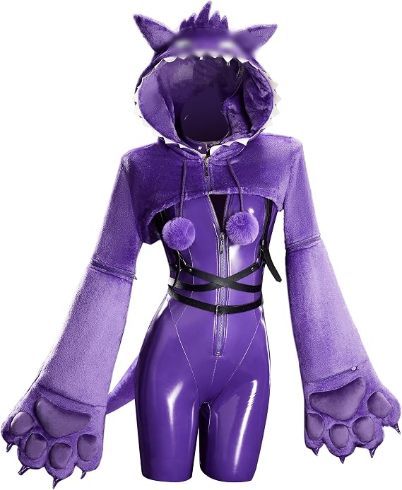 Mobbunny Women Anime Derivative Cosplay Costume PU Leather Bodysuit with Plush High Cutout Hoodie Furry Paws and Tail