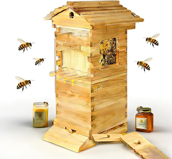 Flow Hive Beehive,Bee Hive Starter Kit–Automat,ic Beehive Box Set For Easy Beekeeping,Beeswax Coated Cedar,WoodWith Observation Window,Complete Bee Hive Boxes For Beginners.