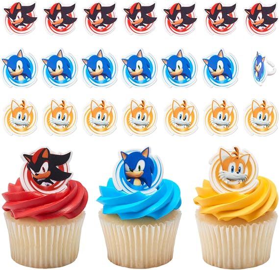 DecoPac Sonic the Hedgehog Rings, Cupcake Decorations Featuring Sonic, Tails, and Shadow - 24 Pack